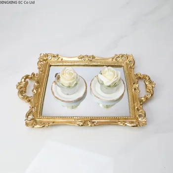 Европейски Стил Ретро Занаят Издълбани Плодов Тава Чаен Поднос Златен Печат На Стъкло Двойно Ушное Огледало За Съхранение На Бижута Тава Стъклена Тава 2