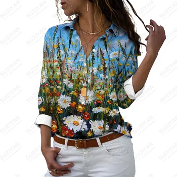 Ежедневна Риза с Флорална Принтом, Дамски Модни Дамски Риза, Свободна Риза 