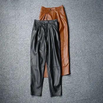 Есенни дамски кожени панталони-молив с висока засаждане, модерни ежедневни панталони от естествена кожа C438 1