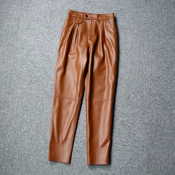 Есенни дамски кожени панталони-молив с висока засаждане, модерни ежедневни панталони от естествена кожа C438 3