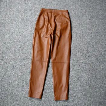 Есенни дамски кожени панталони-молив с висока засаждане, модерни ежедневни панталони от естествена кожа C438 4