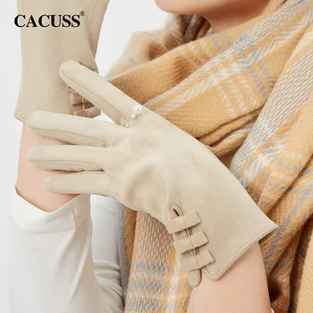 Есенно-зимни дамски Тънък корейски дълги ръкавици с Лък и Бисерна Роса, топли Плюшени велурени Модерни Ръкавици за Езда