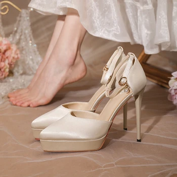 Женските сватбени обувки с каишка на щиколотке на една пуговице, Новост 2022 година, обувки-лодка на висок ток 12 см цвят шампанско, водоустойчив Сандали за булката в платформата