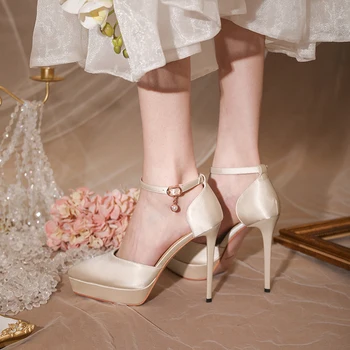 Женските сватбени обувки с каишка на щиколотке на една пуговице, Новост 2022 година, обувки-лодка на висок ток 12 см цвят шампанско, водоустойчив Сандали за булката в платформата 2