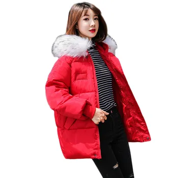 Зимата пуховое памучни палто дамско късо свободен 2020 нова корейската мода червен зелен жълт бял кожа яка парка с качулка JD922