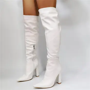 Зимни Нови дамски модни Ботуши над коляното Бял на цвят с остри пръсти, за да не сужающемся надолу масивна токчета, дълги Кожени ботуши до бедрото, големи Размери 45