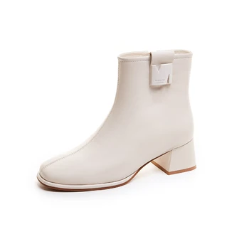 Зимни обувки от телешка кожа 2022, есенно-зимни нови кожени обувки на дебелите обувки с квадратни пръсти, модни дамски къси ботуши в британски стил