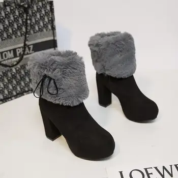 Зимните плюшени обувки големи размери; сезон есен-зима; новост 2023 г.; черни дамски Обувки; Запазване на топлина обувки на дебелите ток; Bottes De Neige En Peluche 4