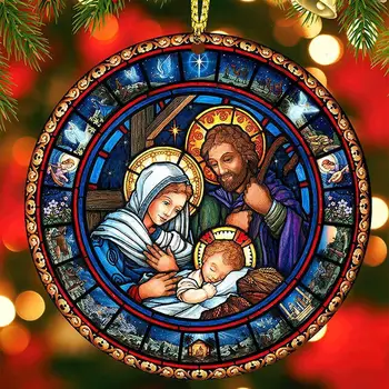 Исус Окачен Медальон Автомобилно Огледало за обратно виждане с Висулка Коледен Декор, Подаръци, Украса Акрилни Исус Двустранен Коледно Дърво X1U4