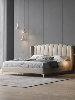 Италианска луксозна минималистичная кожено легло главна спалня на 2 м, голямо легло престижно атмосфера съхранение двойно легло модерна лекота