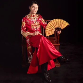 Китайският Стил на Булката Сватбена Рокля Реколта За Мъже Дракон Бродерия Qipao Брак Тан Костюм Костюми китайски дрехи