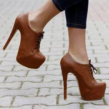 Класически Кафяви Обувки на платформа, Дамски Однотонная обувки Дантела с Кръгло Бомбе и Висок Ток, дамски Обувки на Платформа + Кожени Обувки на висок ток