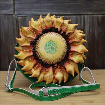 Кожена чанта през рамо триизмерен цвете слънчоглед слънцето цвете на рамото кръгла чанта ежедневна чанта за мобилен телефон косметичка