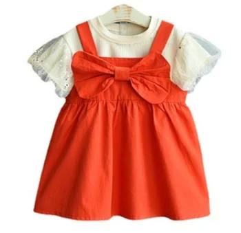 Комплект детски костюм от 2 теми, Обикновена блузи с къси, буйни, с дълъг ръкав и кръгло деколте за момичета + лятна пола на подтяжках с лък, Оранжево