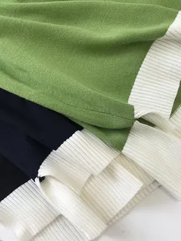 Комплект от трикотаж, Женски вязаный цветен пуловер в стил мозайка с дълъг ръкав и широки панталони дантела с еластичен ластик на талията 1