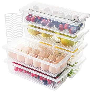 Контейнер за съхранение на продукти за 6 опаковки, органайзер за съхранение на плодове в хладилник обем 1,5 л с Подвижен дренаж на плоча и капачка
