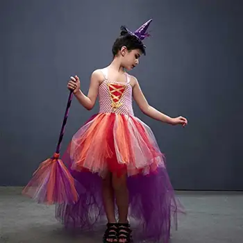Костюм на Вещица За момичета, Розова премяна Вещица за Хелоуин с метла, Монтиране Костюм за Хелоуин с шапка на вещица 2