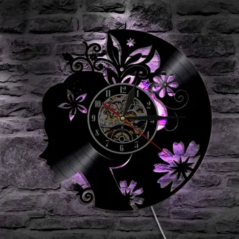  Красива Дама и Цветя Vinyl Плоча Стенен Часовник С Led подсветка Цветя Косата Мода Момиче Начало Декор Стенно Изкуство
