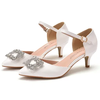 Кристали квадратна пуговица сандали с остри пръсти на средно ниска пета модни обувки за сватба сватбена рокля рокля удобно 0