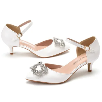 Кристали квадратна пуговица сандали с остри пръсти на средно ниска пета модни обувки за сватба сватбена рокля рокля удобно 1