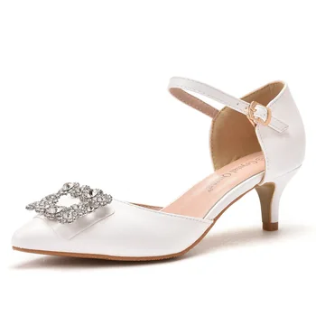 Кристали квадратна пуговица сандали с остри пръсти на средно ниска пета модни обувки за сватба сватбена рокля рокля удобно 4