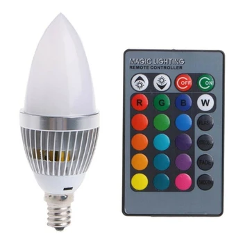 Лампа цвят промени LED 3W Smart E12 RGB цветна с бутон, дистанционно управление 24 свещи Млечен Лампа