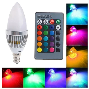 Лампа цвят промени LED 3W Smart E12 RGB цветна с бутон, дистанционно управление 24 свещи Млечен Лампа 3