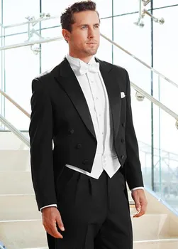 Лидер в продажбите, Дълго Черно Сватбена Рокля за Мъже, Двубортный Смокинг на Младоженеца в три Копчета (Яке + Панталон + елек + вратовръзка)