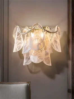 Луксозен лист облачна стъкло, стенни лампи за спалня, нощни осветителни тела за хол, френското съвременно стъкло, led декоративно осветление, стенни аплици, осветителни тела 0