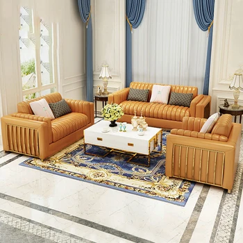 Луксозният диван, Малък апартамент, Разход на диван от телешка кожа, Прост, модерен кожен диван за трима души