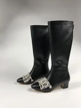 Маркови Дизайнерски Дамски Обувки, Черни Престрелки ботуши на среден ток, есенно-зимни дамски обувки с мъниста, Botas Mujer Invierno 2023 5