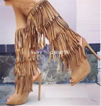 Маркови Модни дамски Велурени ботуши до средата на прасците с отворени пръсти и пискюли на тънките токчета-гладиаторе с изрези и ресни На Висок Ток