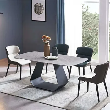 Маса за хранене е от каменни плочи проста правоъгълна лесен луксозна маса за хранене и столове от неръждаема стомана висок клас за вила 0