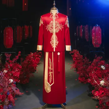 Младоженецът Традиционен Китайски Стил Сватба Ципао Мъжете Пайети Във Бродерия Рокли Препечен Костюми Тан Костюм