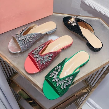 Модерни дамски сандали с кристали 2022 г.; Връхни дрехи; Нови Летни дамски чехли на равна подметка с отворени пръсти; Страхотна Универсални дамски чехли 0