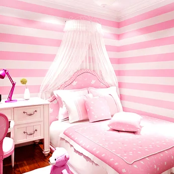 Модерни прости корейски тапети в ивицата Розова Принцеса детска стая, топла стая момичета спалня нетъкан тапет