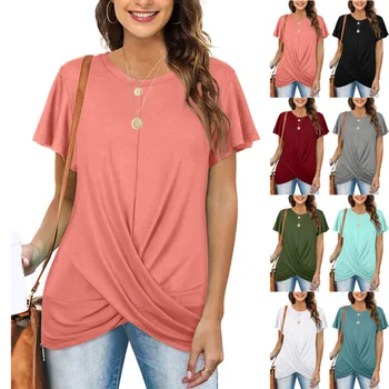 Модни дамски блузи 2022 лято през Цялата Силует Плътен Обрат Къс Ръкав пуловер Тениска свободна ежедневни Дамски дрехи