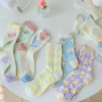 Модни Летни Дамски Чорапи, Японски Цветни Кавайные Прекрасни Памучни Чорапи Носочные Бижута С Цветя Модел, Корейски Стил, Стъклени Копринени Чорапи