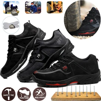 Мъжки защитно Работно обувки за туризъм със стоманени пръсти, Дишащи Нескользящие Кожени обувки, Неразрушаемая Обувки, устойчиви на пробиване маратонки, Сигурност-15