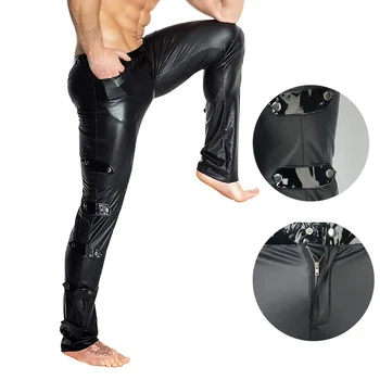 Мъжки Кожени Панталони От Изкуствена Кожа Pu Черни Тесни Ластични Ежедневни Панталони От Изкуствена Кожа 3