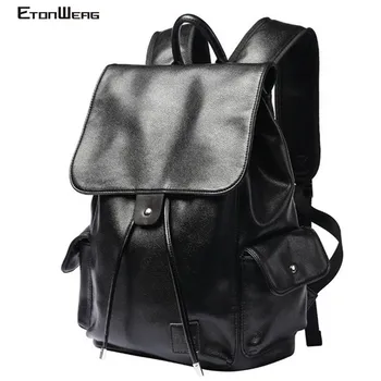 Мъжки Обикновен Черен Раница на Марката Litchi От Изкуствена Кожа, училищна чанта за момчетата-тийнейджъри, чанта за лаптоп, офис чанта