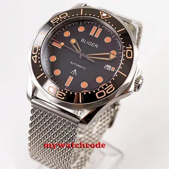 най-добрите 41 мм bliger черен циферблат сапфир кристал стъкло стоманена гривна автоматично мъжки часовник