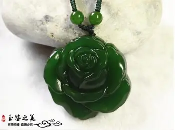 Натурален Зелен Ръчно изработени Китайски Hotan Нефрит Божур Формата на Висулка Колие Пуловер Верига Бижута Подарък на Едро
