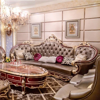 Нео-класически европейски кожен диван 123 комбинация на първия етаж на вила от телешка кожа, луксозна мебел за дневна