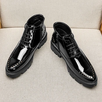 нов дизайн, мъжки модни обувки, черни обувки с нитове, обувки от лачена кожа, вечерни обувки, обувки на платформа с шнур, каубойски ботове