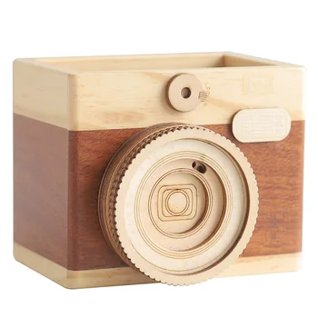 Нов креативен дървен държач за писалка за фотоапарати, Домашен офис маса, индивидуално украса, кутия за съхранение на четки за грим 4
