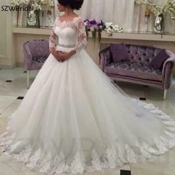 Нов Прием на Сватбени рокли с Дълъг ръкав, Плюс размера на Дантелени Апликации Бели Сватбени рокли Vestidos de fiesta Сватбена рокля