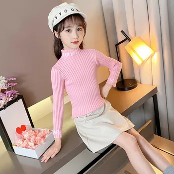 Нова есенно-зимния Вязаный пуловер за момичета корейската версия с Дебел полувысоким яка и дълги ръкави 1