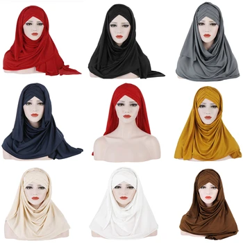 Нова Мода Жените Мек Прост Памук Челото Кръстосани Коса Амбалажна Хартия Шал От Плътен Цвят Hijabs Мюсюлмански Тюрбан Шалове