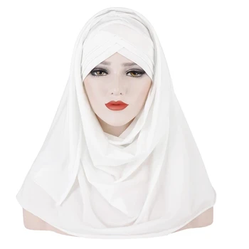 Нова Мода Жените Мек Прост Памук Челото Кръстосани Коса Амбалажна Хартия Шал От Плътен Цвят Hijabs Мюсюлмански Тюрбан Шалове 5